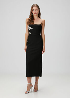 Siyah İşlemeli Midi Kokteyl Elbise - Görsel 5