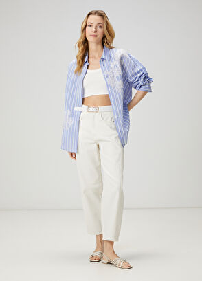 Beymen Club Mavi Çizgili Dantel Nakışlı Gömlek - 3