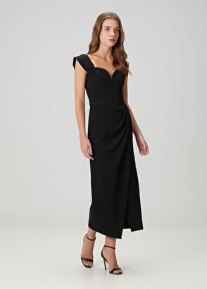 Siyah Düşük Omuzlu Midi Kokteyl Elbise - Görsel 5