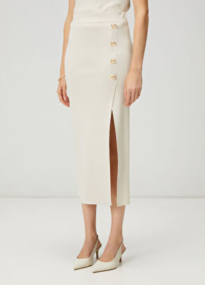 Beymen Club Ekru Gold Düğmeli Midi Triko Etek - 4