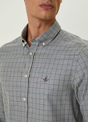 Beymen Club Slim Fit Gri Mavi Kontrast Çizgili Ekoseli Gömlek - 5