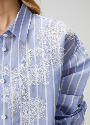 Beymen Club Mavi Çizgili Dantel Nakışlı Gömlek - 6