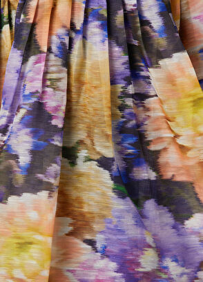 Lacivert Çiçekli Mini Keten Kokteyl Elbise - Görsel 7