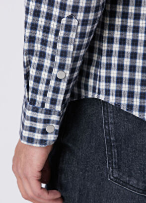 Beymen Club Relax Fit Navy Blue White Plaid Print Shirt - 7