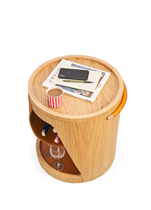 Solano Design Gerçek Deri Detaylı Meşe Roll Yan Sehpa - 3