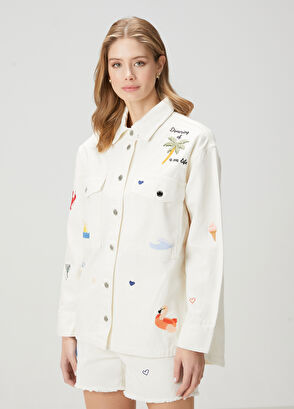 Beymen Club Off-White Embroidered Oversize Denim Jacket - 4