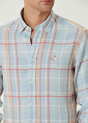 Beymen Club Comfort Fit Mavi Turuncu Ekoseli Keten Gömlek - 6