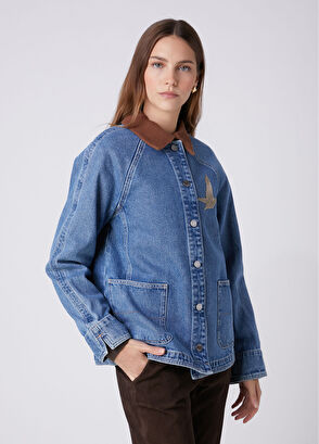 Beymen Club Blue Corduroy Collar Denim Shirt - 5