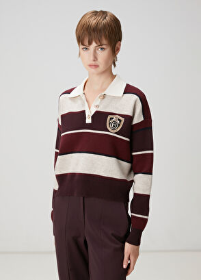 Beymen Club Bordo Çizgili Yün Polo Kazak - 3