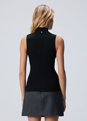 Network Siyah Balıkçı Yaka Kolsuz Simli Kazak - 5