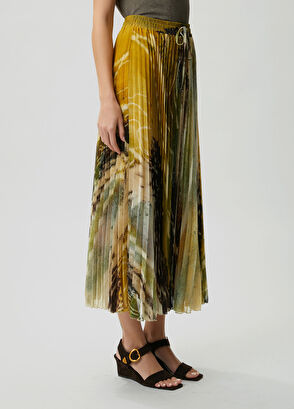 Beymen Club Neon Yellow Abstract Patterned Pleated Midi Chiffo - 3