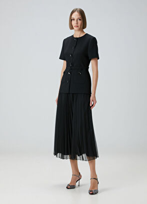 Siyah Çiçek Düğmeli Midi Elbise - Görsel 6