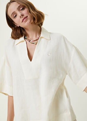 Beymen Club Ekru Gömlek Yaka Kuş Nakışlı Keten Bluz - 3