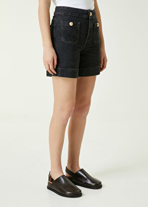 Beymen Club Siyah Gold Düğmeli Mini Evaze Denim Şort - 3