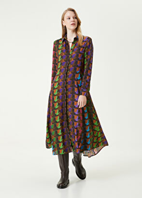 Beymen Club Renkli Kuş Desenli Midi Twill İpek Gömlek Elbise - 3