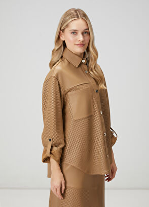 Beymen Club Koyu Bej Perfore Detaylı Deri Ceket - 7