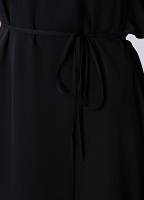 Siyah Beli Bağlamalı Midi İpek Elbise - Görsel 7