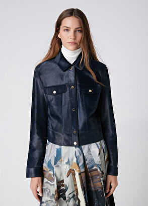 Beymen Club Teal Blue Leather Trucker Jacket - 5