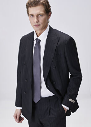 Drop 8 Siyah Çizgili Yün Kruvaze Takım Elbise - Görsel 7