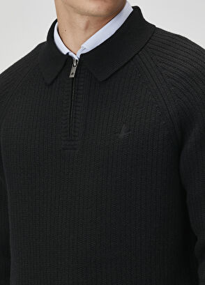 Beymen Club Black Knitted Textured Wool Polo Sweater - 6