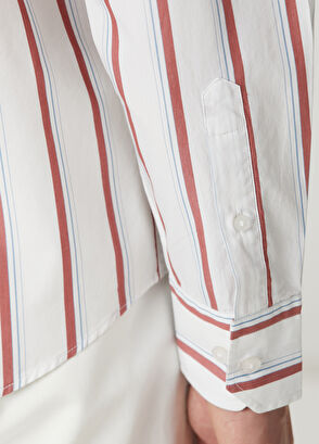 Beymen Club Comfort Fit Beyaz Bordo Çizgi Desenli Keten Gömlek - 9