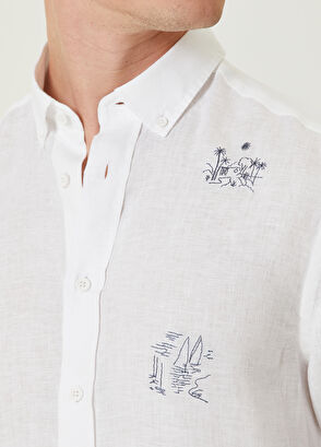 Beymen Club Comfort Fit White Landscape Embroidered Linen Shir - 6