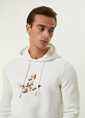 Beymen Club Beyaz Kapüşonlu Piksel Kaz Nakışlı Garnili Kazak - 7