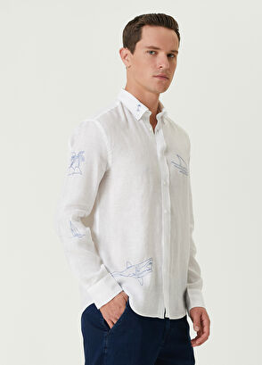 Beymen Club Comfort Fit Fish Sail Embroidered Linen Shirt - 5