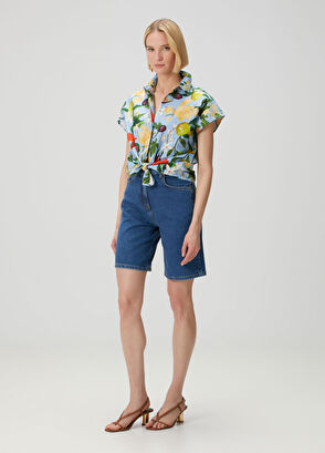 Beymen Collection Mavi Çiçekli Kısa Kol Poplin Gömlek - 5