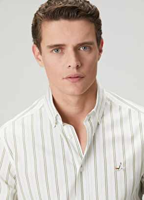 Beymen Club Beyaz Yeşil Çizgili Comfort Fit Pamuklu Gömlek - 7