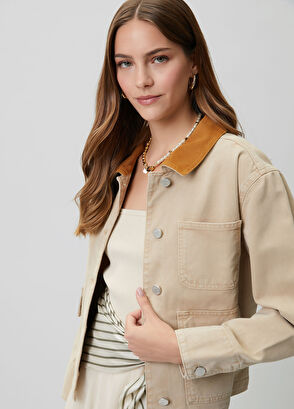 Beymen Club Beige Velvet Collar Denim Jacket - 4