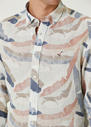 Beymen Club Comfort Fit Ecru Leaf Patterned Linen Shirt - 6