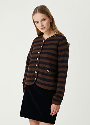 Brown Navy Blue Line Patterned Knit Cardigan Beymen Club Brown Navy Blue Line Patterned Knit Cardigan - 6
