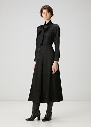 Beymen Club Siyah Logo Jakarlı Midi İpek Elbise - 4