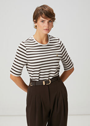 Beymen Club Kahverengi Çizgili Basic T-shirt - 4