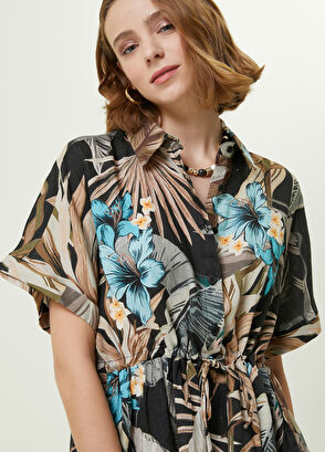 Beymen Club Siyah Tropikal Desenli Mini Keten Gömlek Elbise - 4