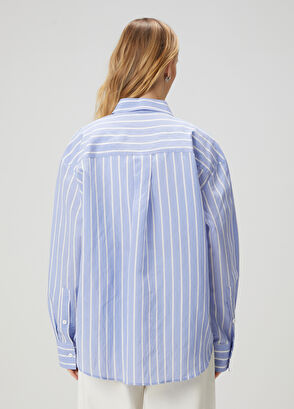 Beymen Club Mavi Çizgili Dantel Nakışlı Gömlek - 5