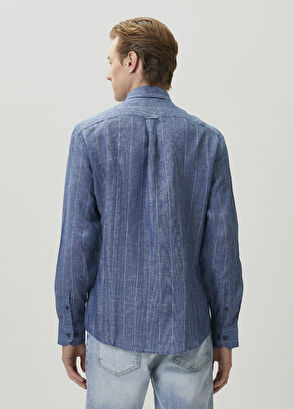 Beymen Club Comfort Fit Navy Blue Striped Linen Shirt - 5