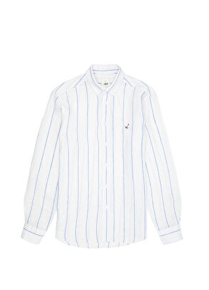 Beymen Club Comfort Fit Beyaz Seyrek Çizgi Geçiş Keten Gömlek - 8