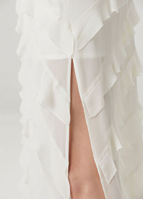 Kırık Beyaz Fırfır Detaylı Maksi Abiye Elbise - Görsel 8