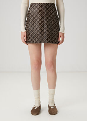 Beymen Club Dark Brown Logo Patterned Mini Leather Skirt - 3