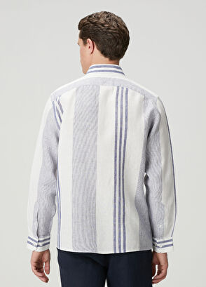 Beymen Club Relax Fit Navy Blue White Striped Linen Shirt - 6