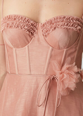 Pembe Midi Keten Elbise - Görsel 6