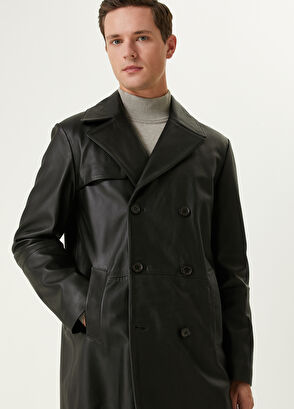 Beymen Club Black Double-Breasted Leather Overcoat - 3