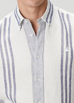 Beymen Club Navy Blue White Striped Relax Fit Linen Shirt - 7