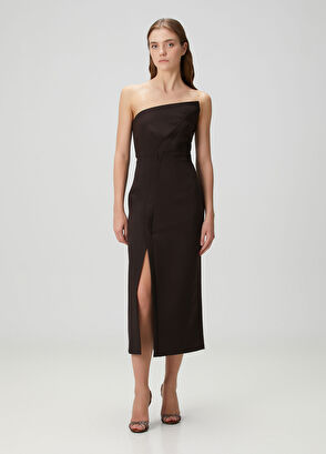 Kahverengi Straplez Midi Kokteyl Elbise - Görsel 5