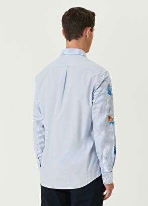 Beymen Club Comfort Fit Blue Striped Sleeves Printed Shirt - 5