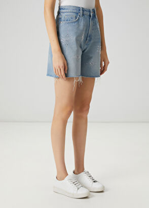 Beymen Club Denim Shorts With Blue Sprinkled Crystals - 3