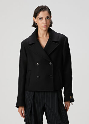 Siyah Fermuar Detaylı Yün Kruvaze Kısa Kaban - Görsel 6