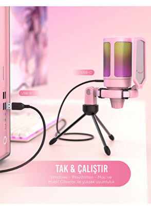 Fifine Ampligame A6VP Rgb Usb Pembe Mikrofon  - 6